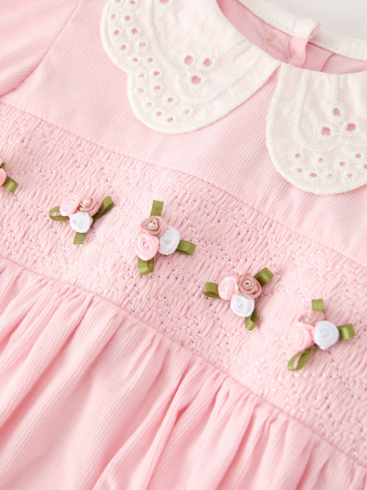 Rylee Faith Designs - Fall Pink Smocked Baby Girl Corduroy Bubble Romper Peter Pan Collar Floral Detail - alternate view 3