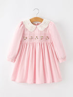 Rylee Faith Designs - Fall Pink Smocked Girls Corduroy Dress Peter Pan Collar Long Sleeve Floral Detail