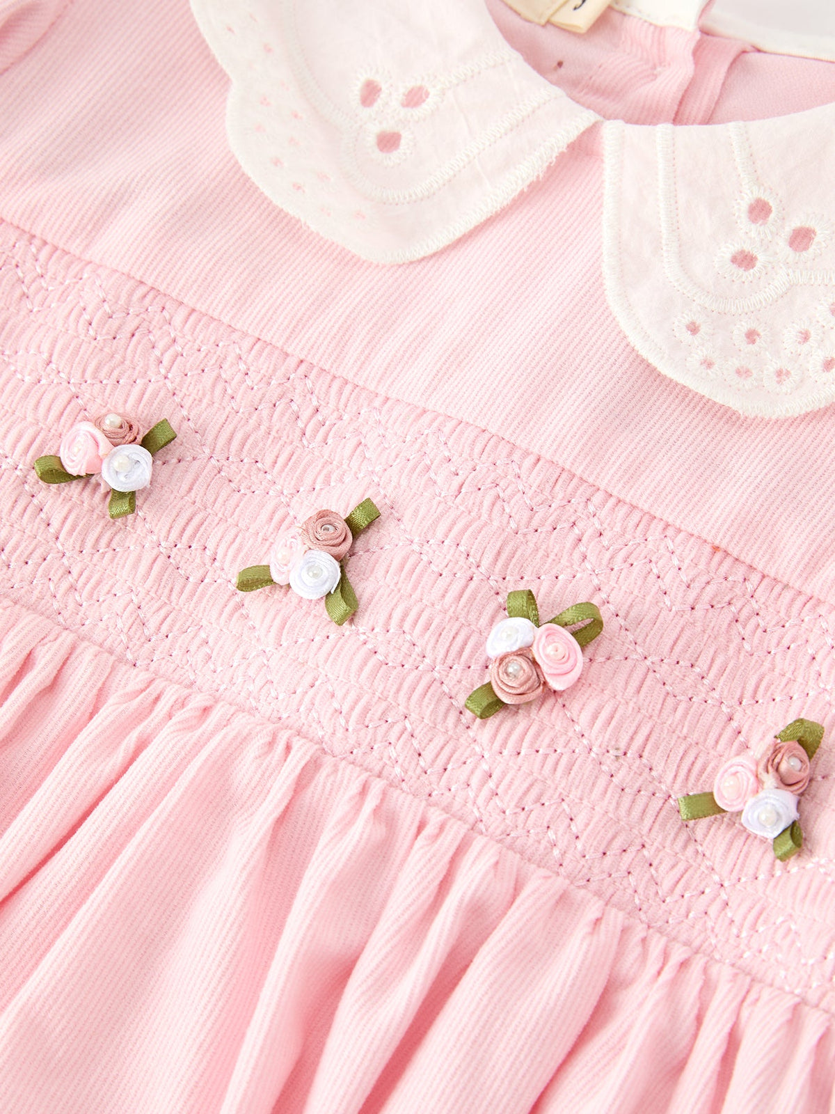 Rylee Faith Designs - Fall Pink Smocked Girls Corduroy Dress Peter Pan Collar Long Sleeve Floral Detail - alternate view 3