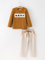 Rylee Faith Designs - Thanksgiving Boys Embroidered Shirt Gingham Pants Set Fall Outfit - alternate view 3