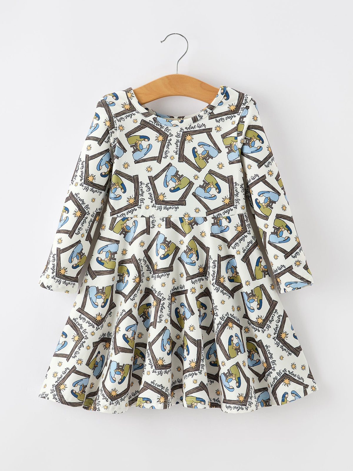 Rylee Faith Designs - Christmas Girls Nativity Scene Print Twirl Dress
