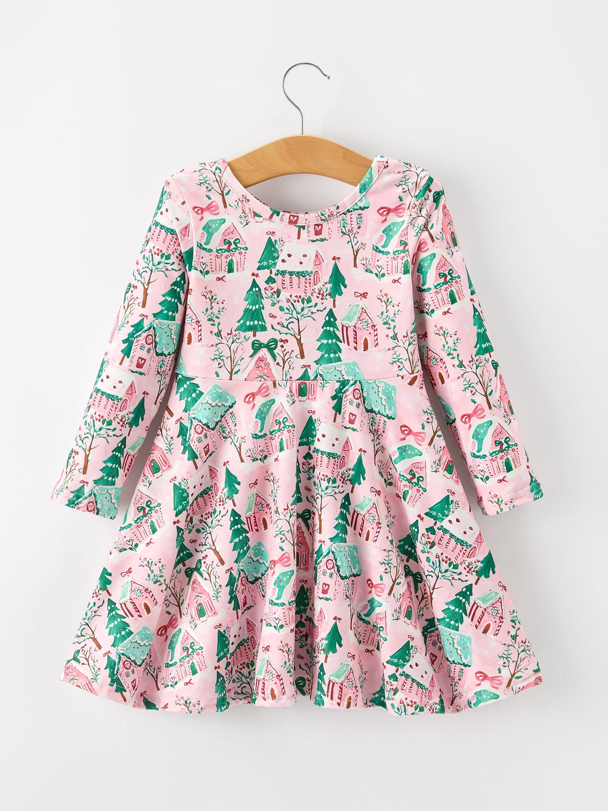 Rylee Faith Designs - Christmas Girls Pink Holiday Village Print Twirl Dress - alternate view 2