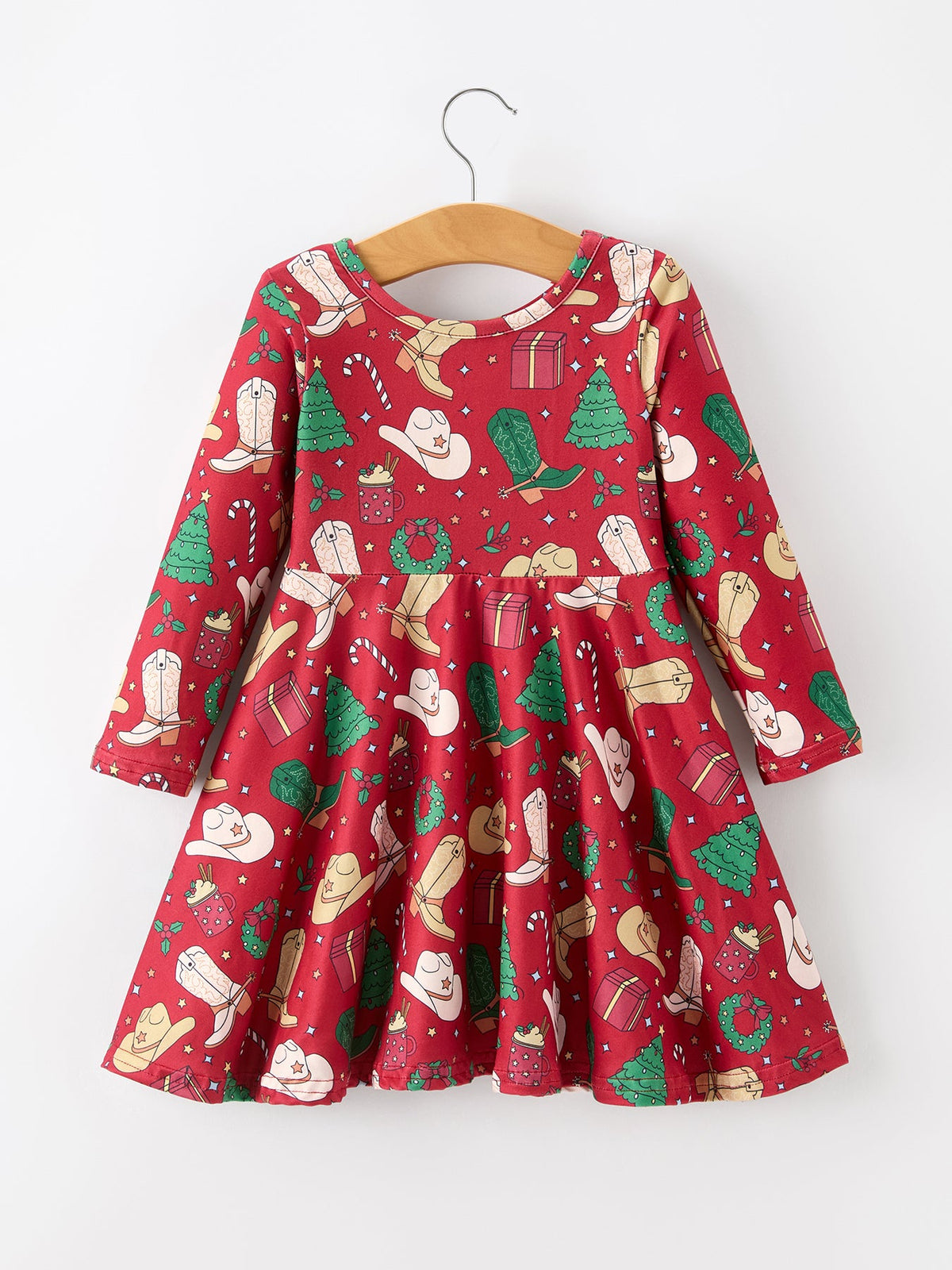 Rylee Faith Designs - Girls Christmas Wreaths Twirl Long Sleeve Festive Dress - alternate view 2