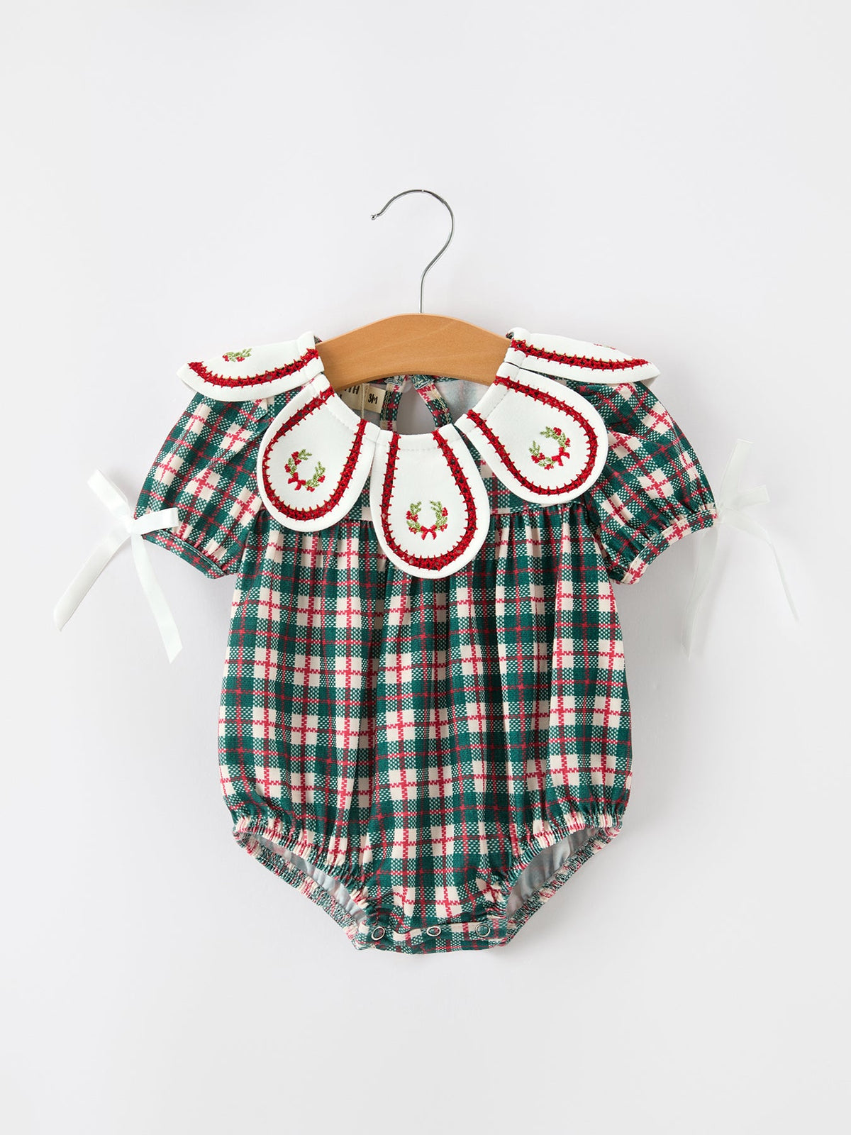 Rylee Faith Designs - Baby Girl Christmas Plaid Wreath Embroidery Bubble Romper
