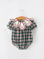 Rylee Faith Designs - Baby Girl Christmas Plaid Wreath Embroidery Bubble Romper