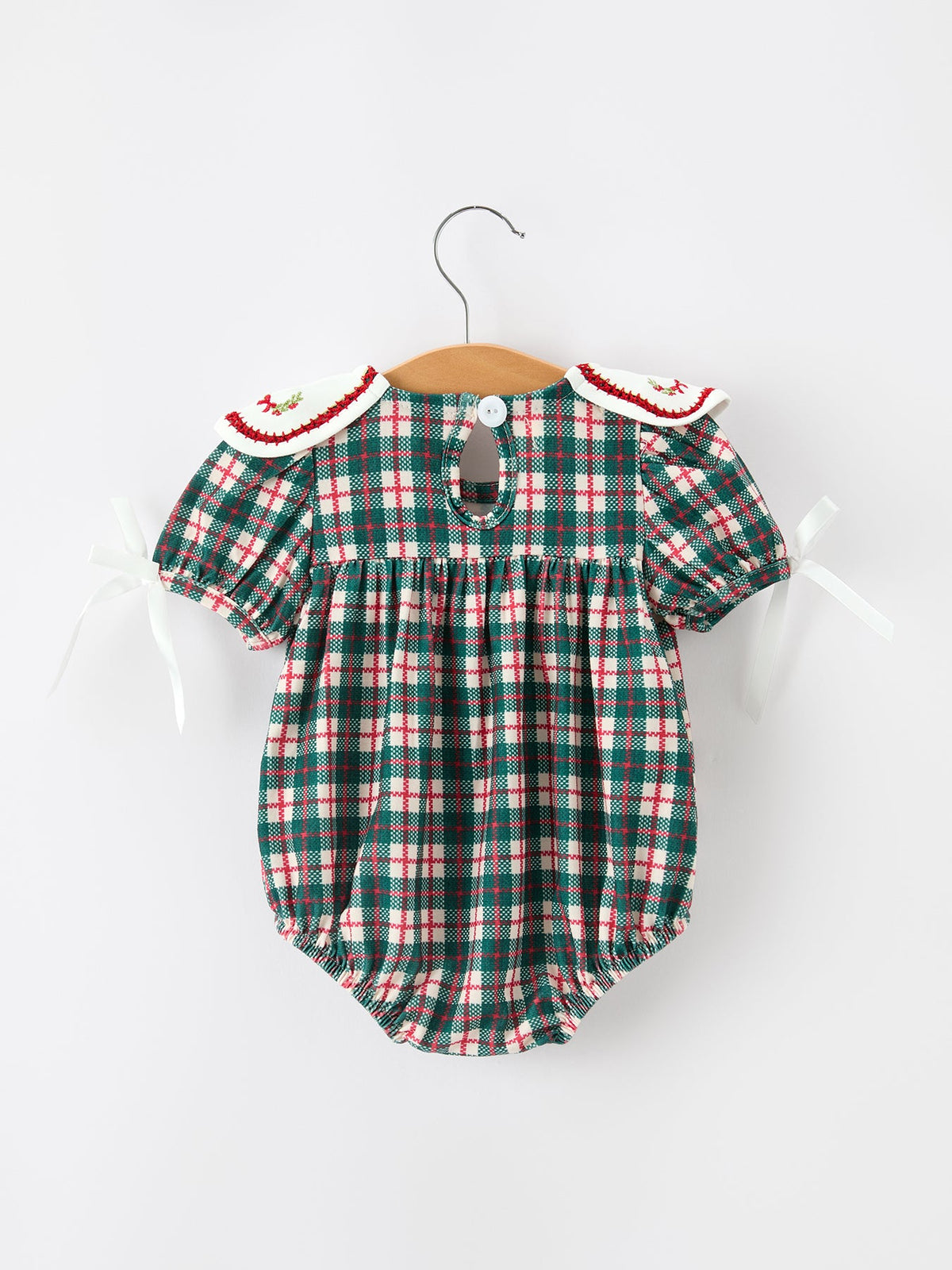 Rylee Faith Designs - Baby Girl Christmas Plaid Wreath Embroidery Bubble Romper - alternate view 2