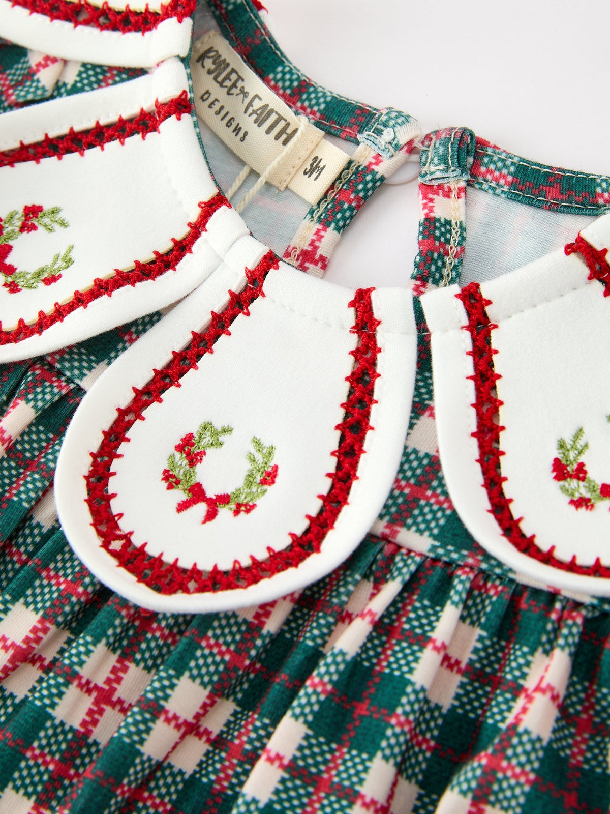 Rylee Faith Designs - Baby Girl Christmas Plaid Wreath Embroidery Bubble Romper - alternate view 3