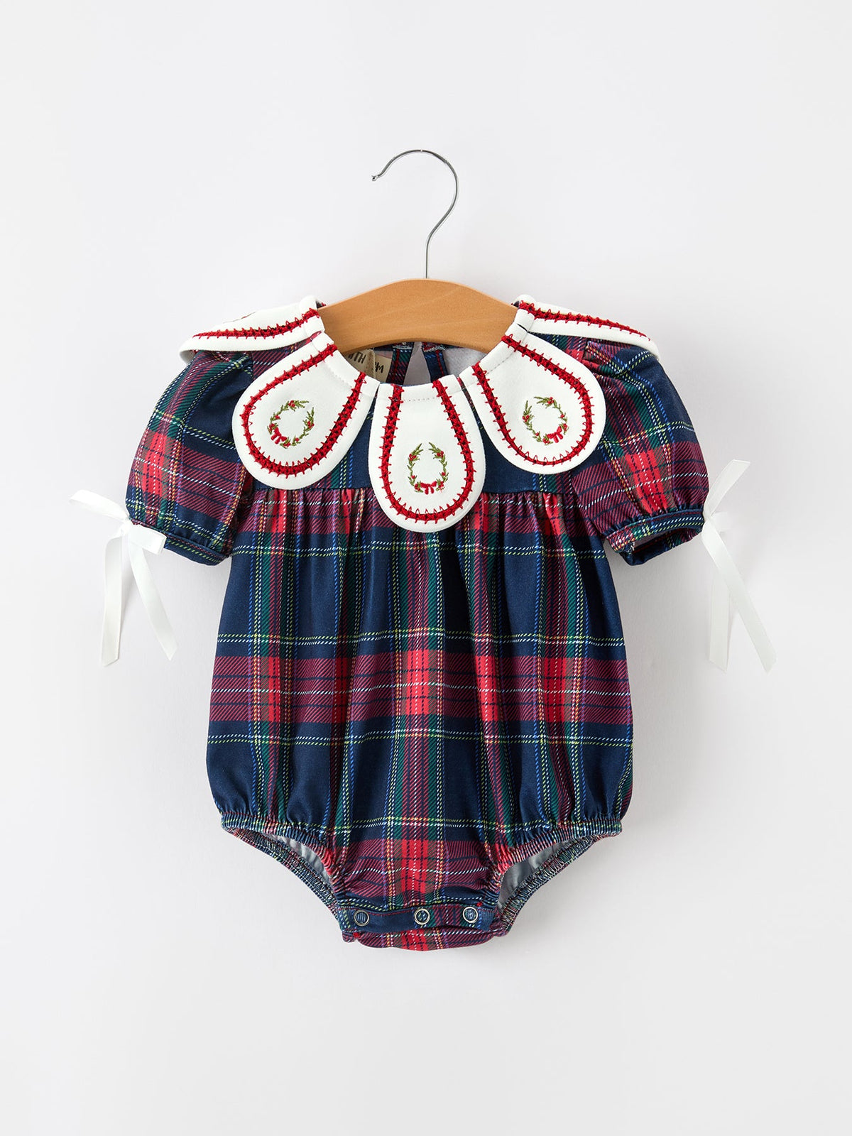 Rylee Faith Designs - Navy Red Christmas Plaid Wreath Baby Girl Bubble Romper - alternate view 5