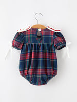 Rylee Faith Designs - Navy Red Christmas Plaid Wreath Baby Girl Bubble Romper - alternate view 6