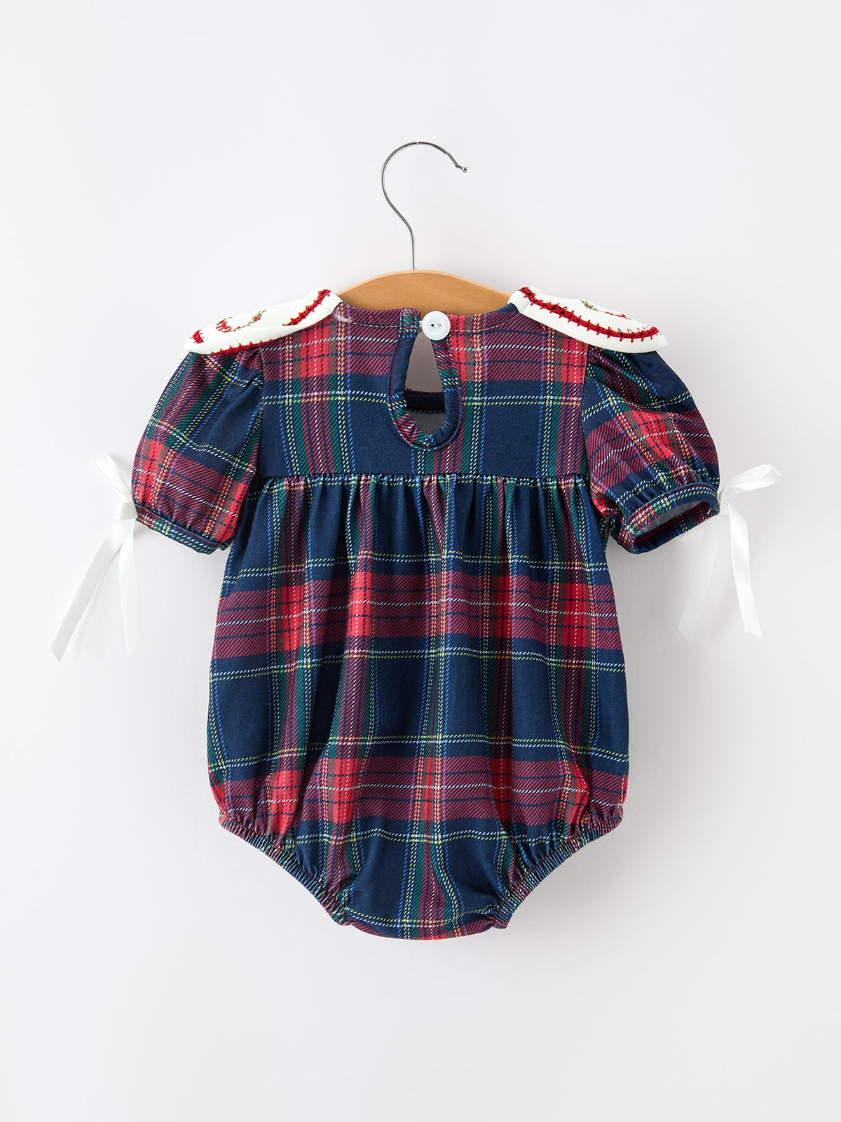 Rylee Faith Designs - Navy Red Christmas Plaid Wreath Baby Girl Bubble Romper - alternate view 6