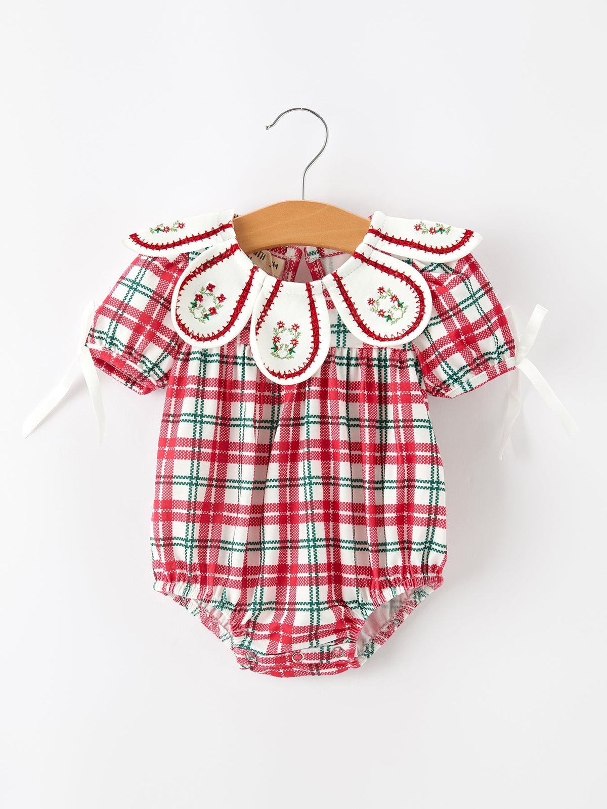 Rylee Faith Designs - Red Christmas Plaid Wreath Baby Girl Bubble Romper