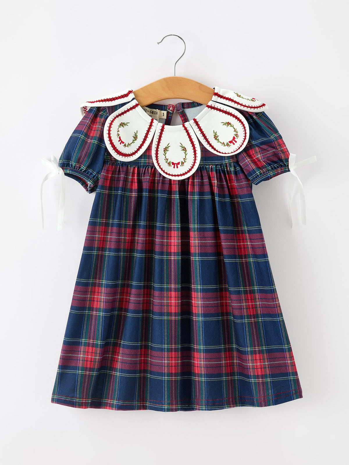 Rylee Faith Designs - Navy Red Christmas Plaid Wreath Embroidered Girl Dress - alternate view 6