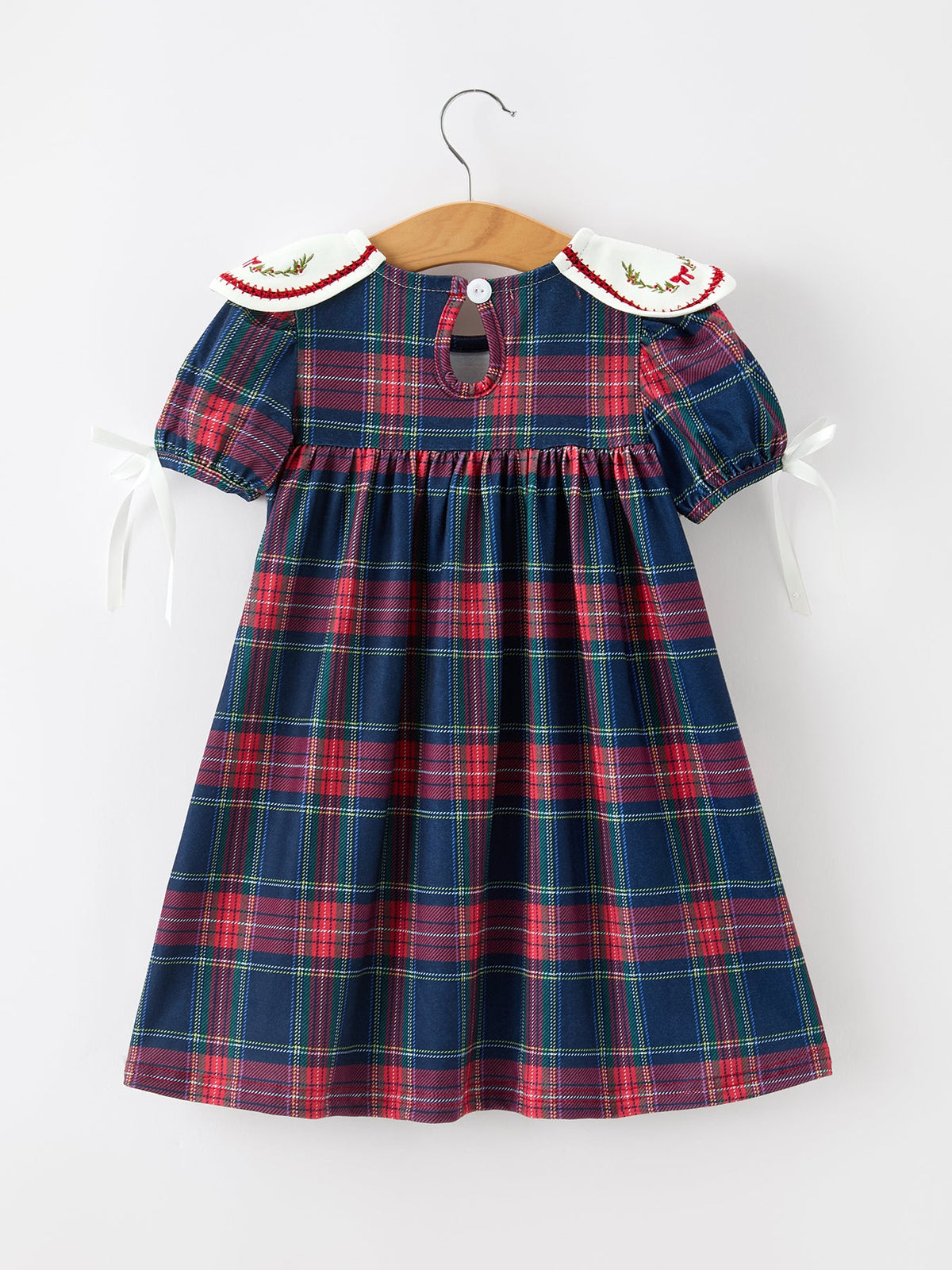 Rylee Faith Designs - Navy Red Christmas Plaid Wreath Embroidered Girl Dress - alternate view 7