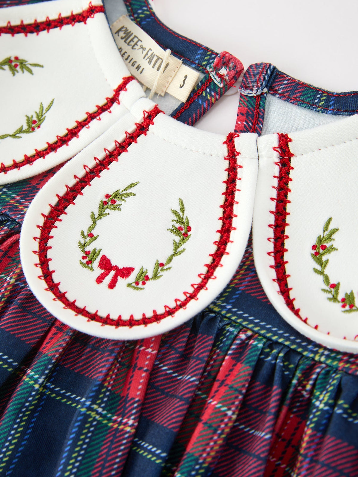 Rylee Faith Designs - Navy Red Christmas Plaid Wreath Embroidered Girl Dress - alternate view 8