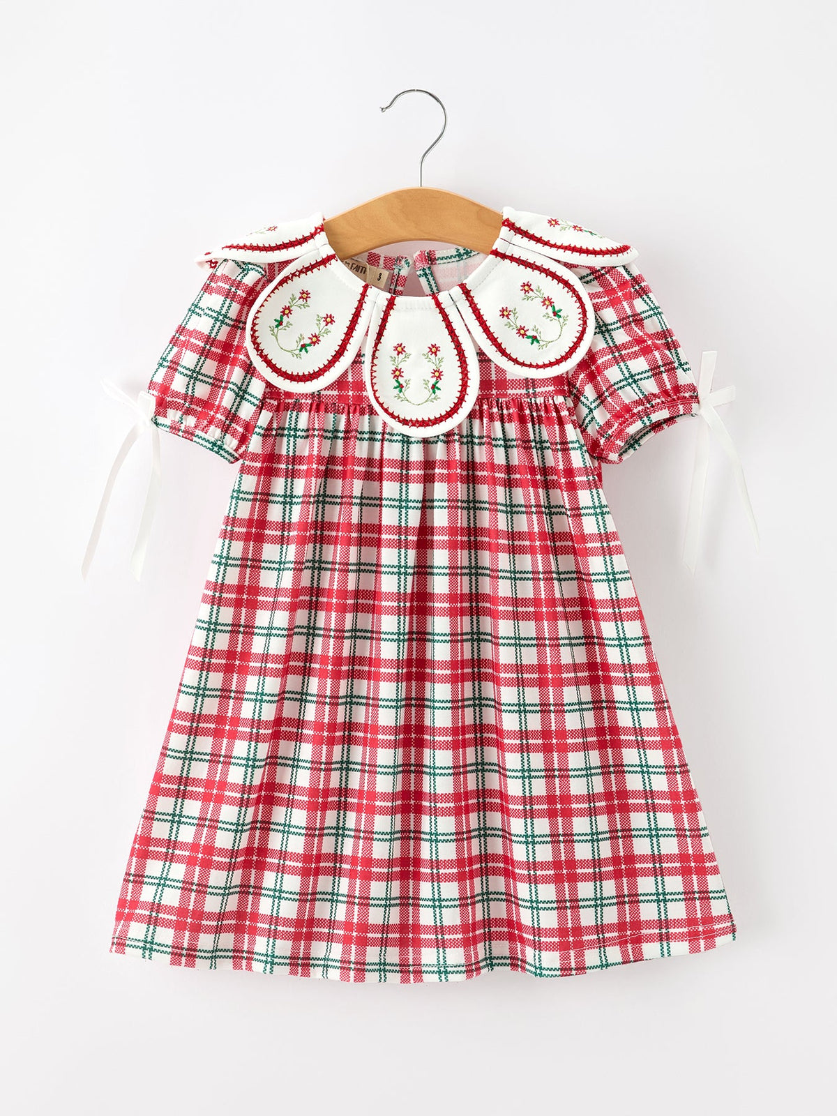Rylee Faith Designs - Red Christmas Plaid Wreath Embroidered Girl Dress