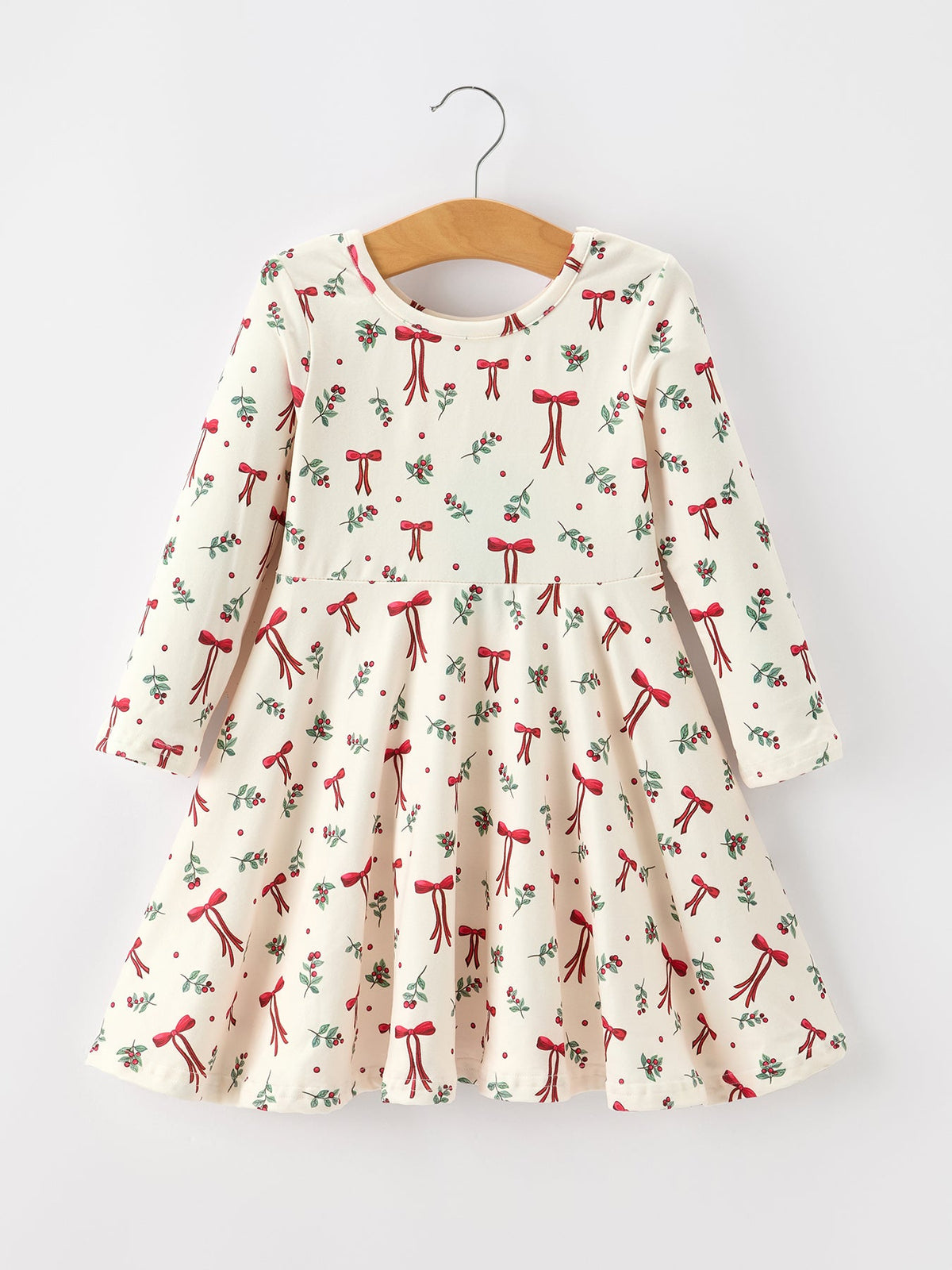 Rylee Faith Designs - Girls Christmas Bow & Berry Print Twirl Dress