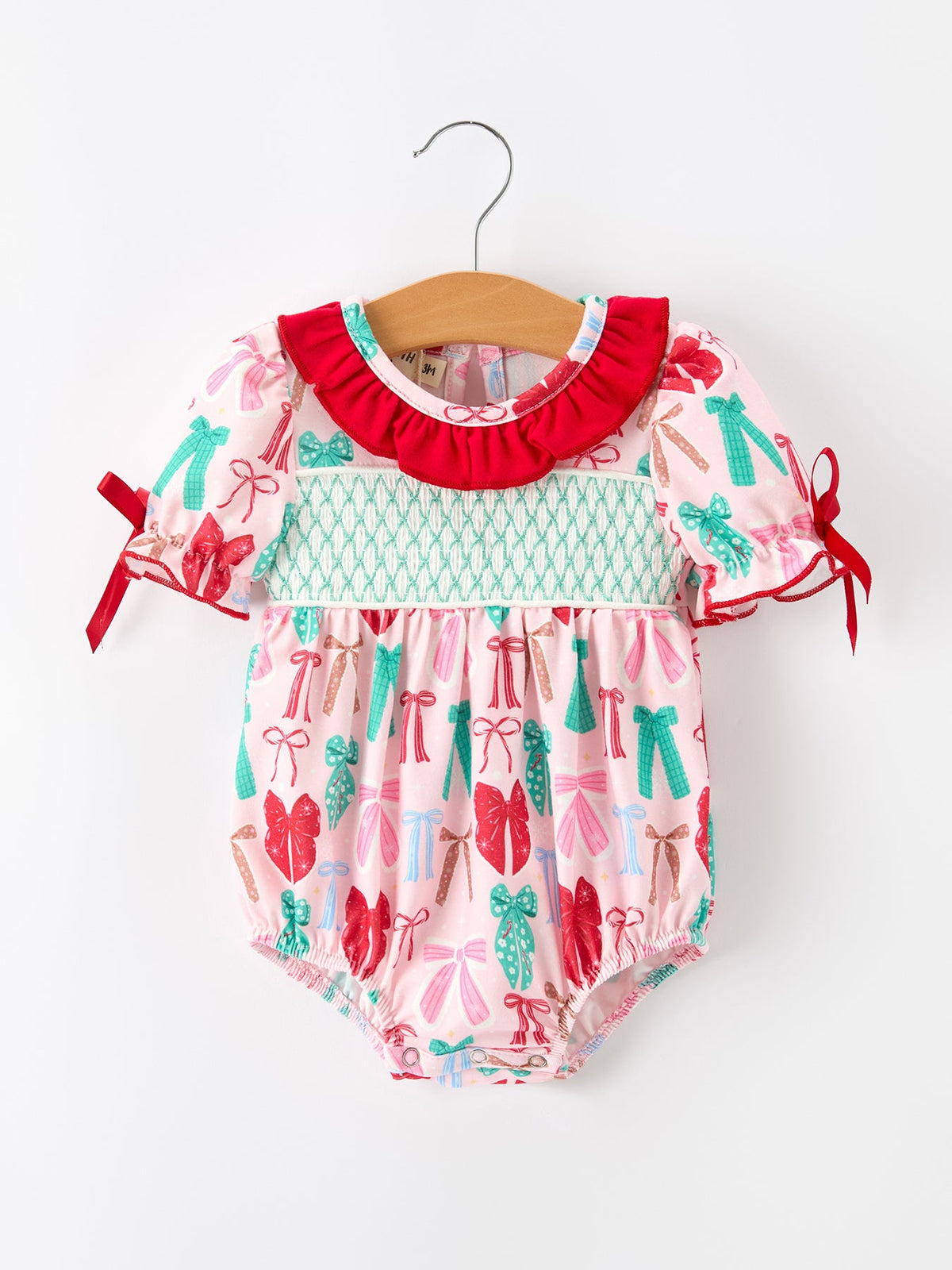 Rylee Faith Designs - Baby Girl Christmas Smocked Bubble Romper Bow Print