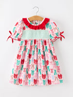Rylee Faith Designs - Girl Christmas Smocked Dress Red Green Bow Holiday Party Dress