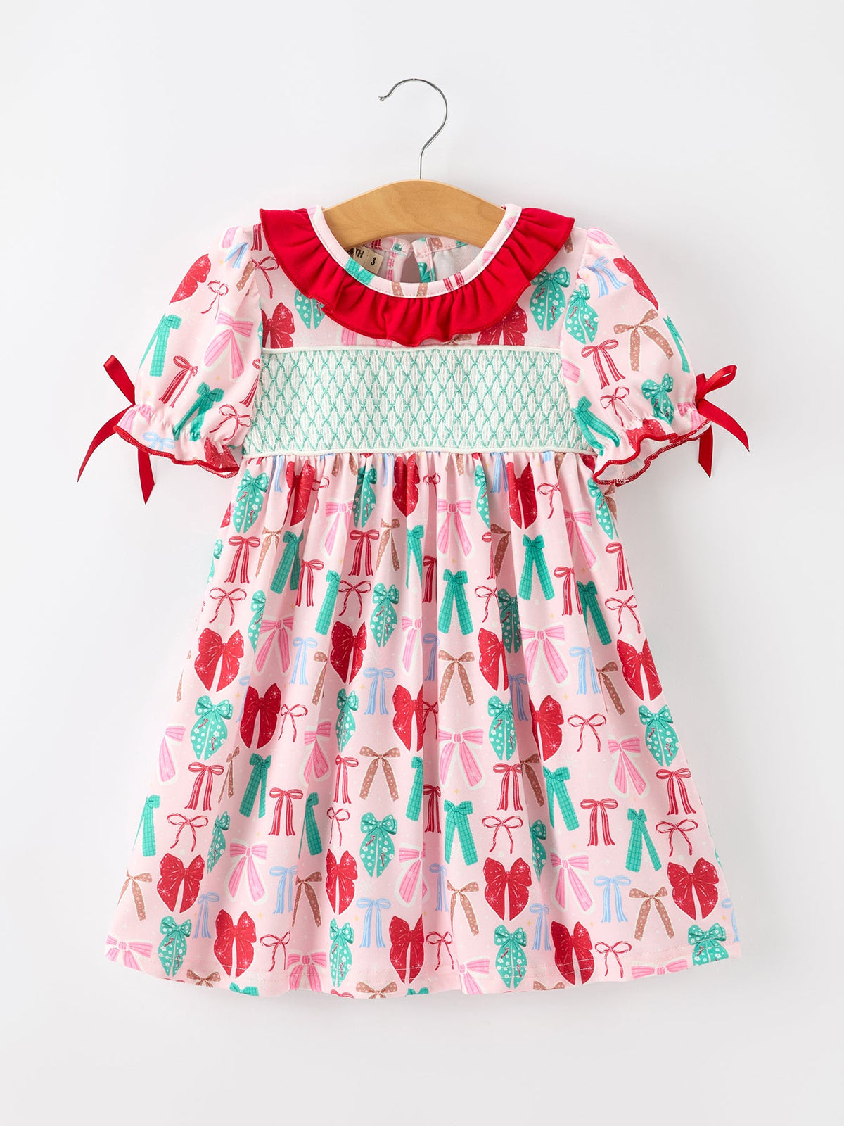 Rylee Faith Designs - Girl Christmas Smocked Dress Red Green Bow Holiday Party Dress