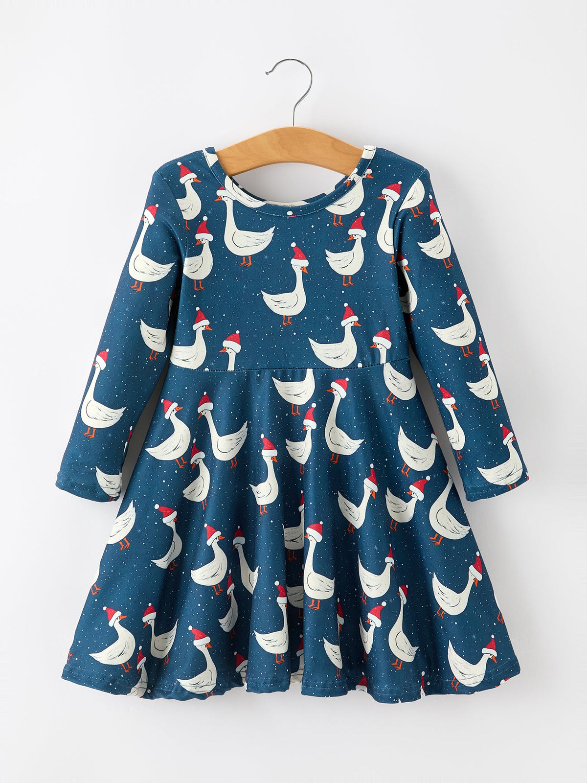 Rylee Faith Designs - Christmas Girls Goose Twirl Dress Navy Long Sleeve Dress