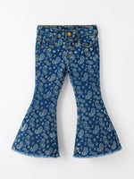 Rylee Faith Designs - Girls Denim Bell Bottom Pants Decorative Print Flare Jeans