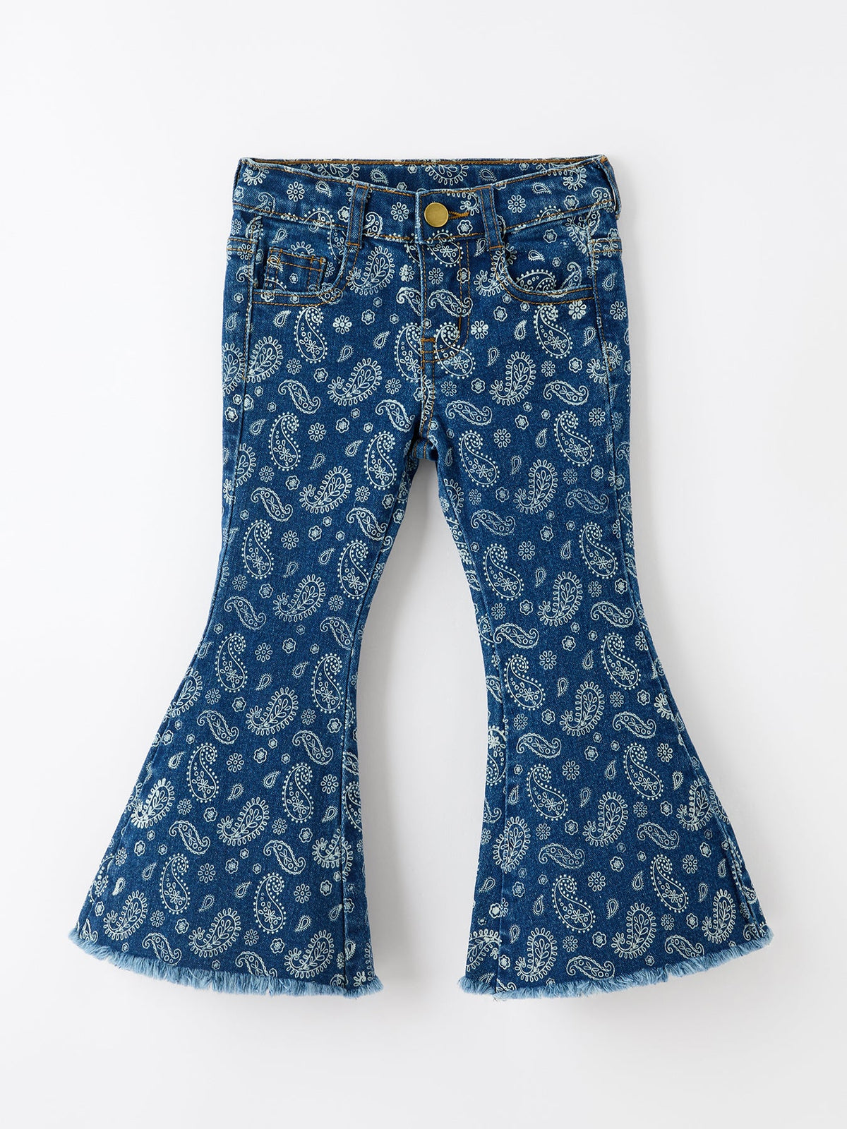 Rylee Faith Designs - Girls Denim Bell Bottom Pants Decorative Print Flare Jeans