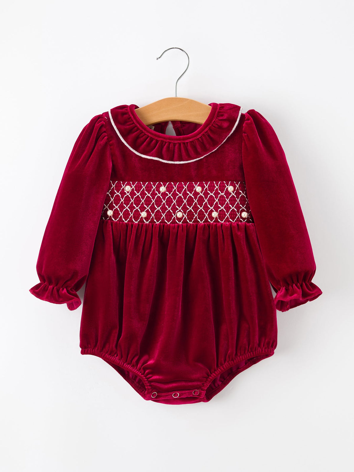 Rylee Faith Designs - Christmas Velvet Smocked Baby Bubble Romper with Pearl Detail - alternate view 6