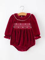 Rylee Faith Designs - Christmas Velvet Smocked Baby Bubble Romper with Pearl Detail - alternate view 6