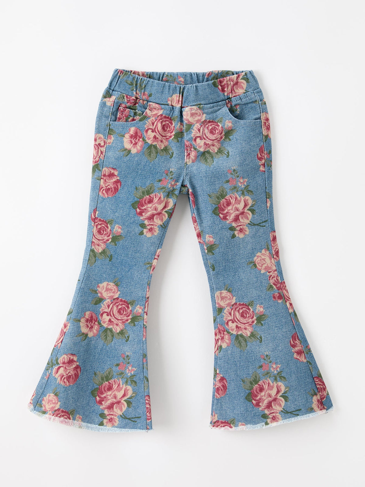 Rylee Faith Designs - Girls Floral Denim Bell Bottom Pants Rose Print Flare Jeans