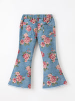 Rylee Faith Designs - Girls Floral Denim Bell Bottom Pants Rose Print Flare Jeans - alternate view 2