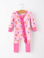 Rylee Faith Designs - Halloween Pumpkin Ghost Print Baby Girl Pajamas Ruffle Zipper Romper
