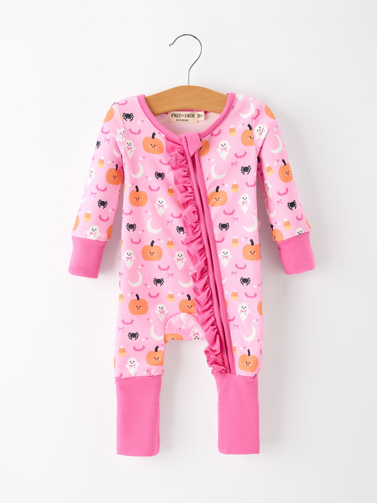 Rylee Faith Designs - Halloween Pumpkin Ghost Print Baby Girl Pajamas Ruffle Zipper Romper