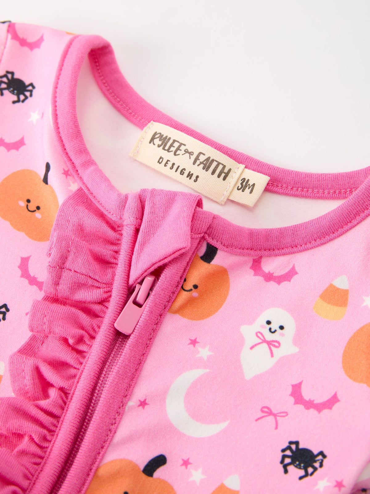 Rylee Faith Designs - Halloween Pumpkin Ghost Print Baby Girl Pajamas Ruffle Zipper Romper - alternate view 3