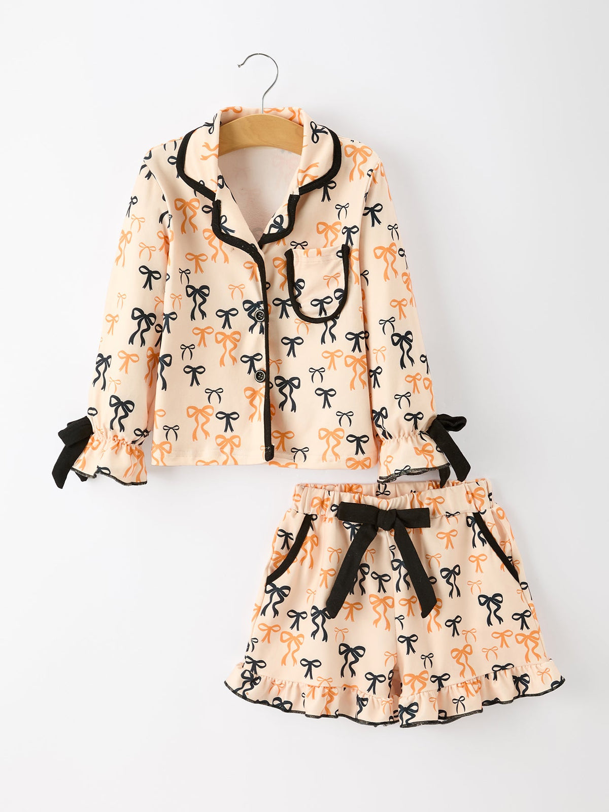 Rylee Faith Designs - Halloween Bow Print Girls Pajama Set Long Sleeve Top and Shorts