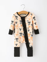 Rylee Faith Designs - Halloween Bow Print Baby Girl Pajamas Ruffle Zipper Romper