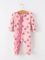 Rylee Faith Designs - Fall Thanksgiving Pink Pumpkin Ruffle Zip Sleeper Waffle Jumpsuit