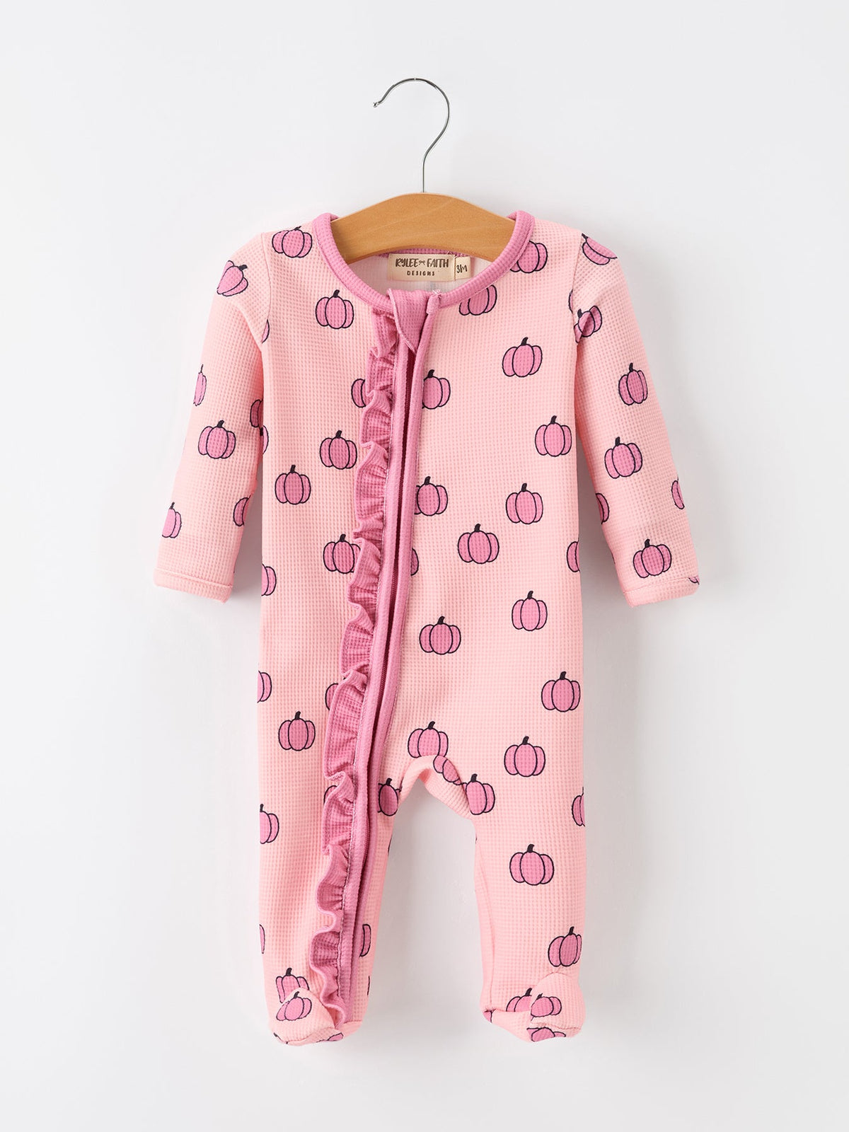 Rylee Faith Designs - Fall Thanksgiving Pink Pumpkin Ruffle Zip Sleeper Waffle Jumpsuit