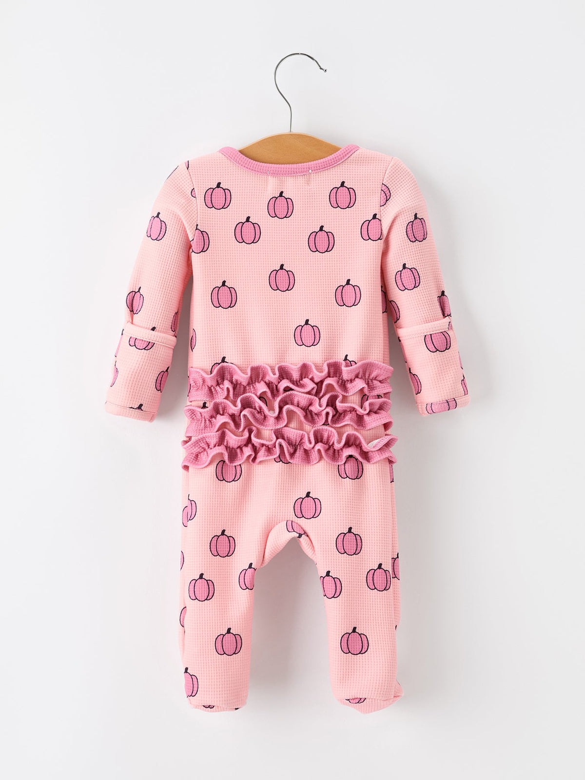 Rylee Faith Designs - Fall Thanksgiving Pink Pumpkin Ruffle Zip Sleeper Waffle Jumpsuit - alternate view 2
