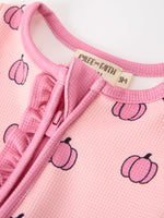 Rylee Faith Designs - Fall Thanksgiving Pink Pumpkin Ruffle Zip Sleeper Waffle Jumpsuit - alternate view 3