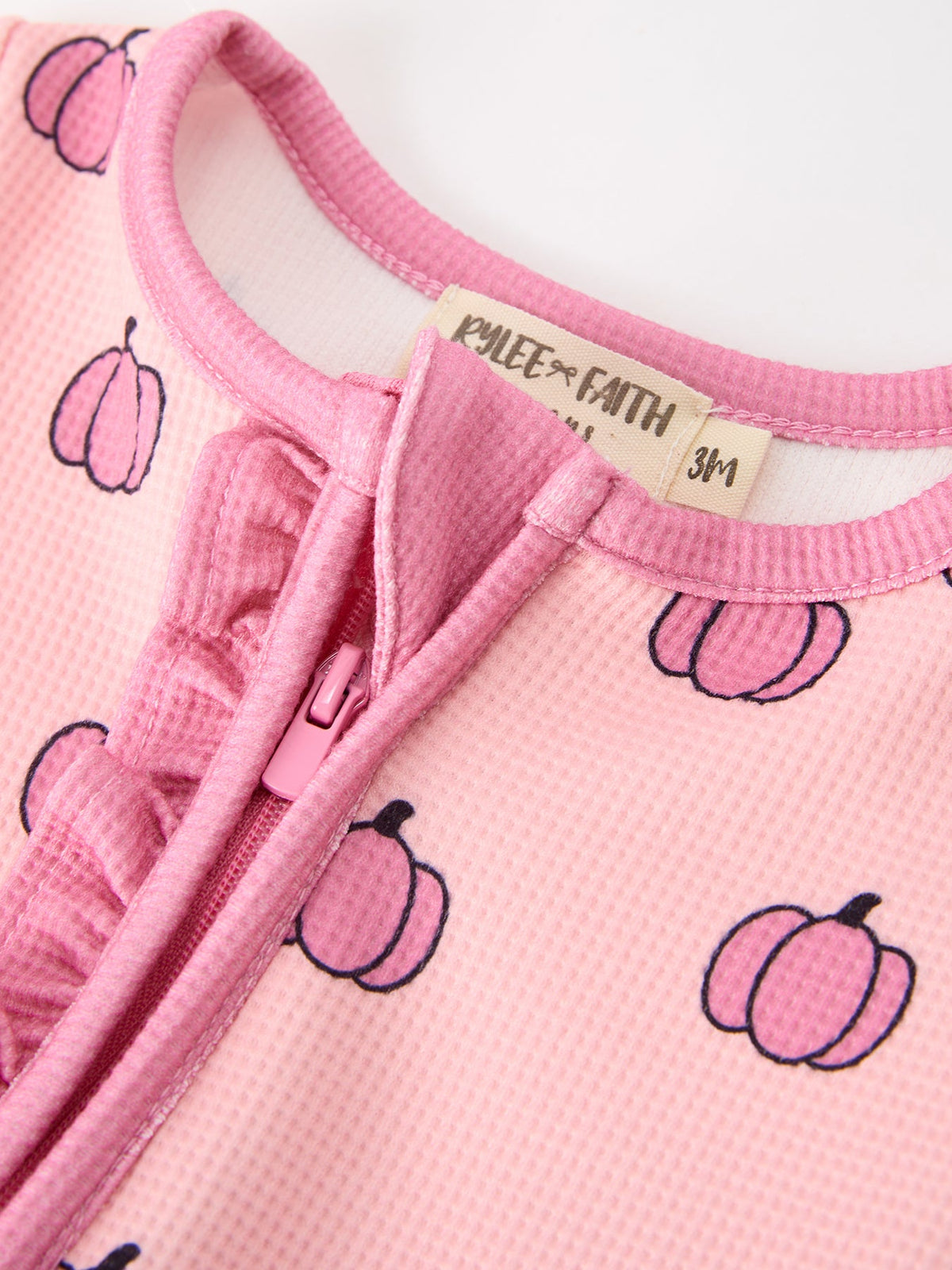 Rylee Faith Designs - Fall Thanksgiving Pink Pumpkin Ruffle Zip Sleeper Waffle Jumpsuit - alternate view 3