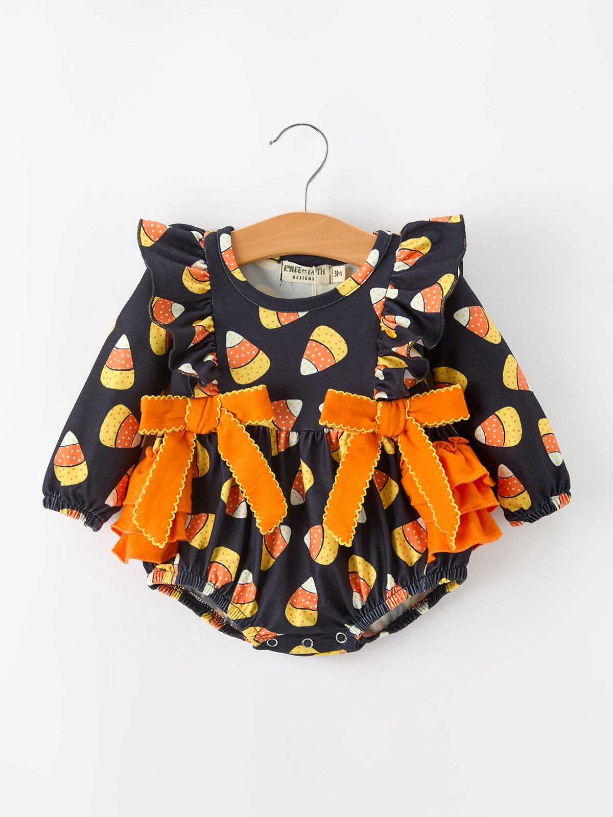 Rylee Faith Designs - Halloween Candy Corn Baby Girl Bubble Romper Ruffle