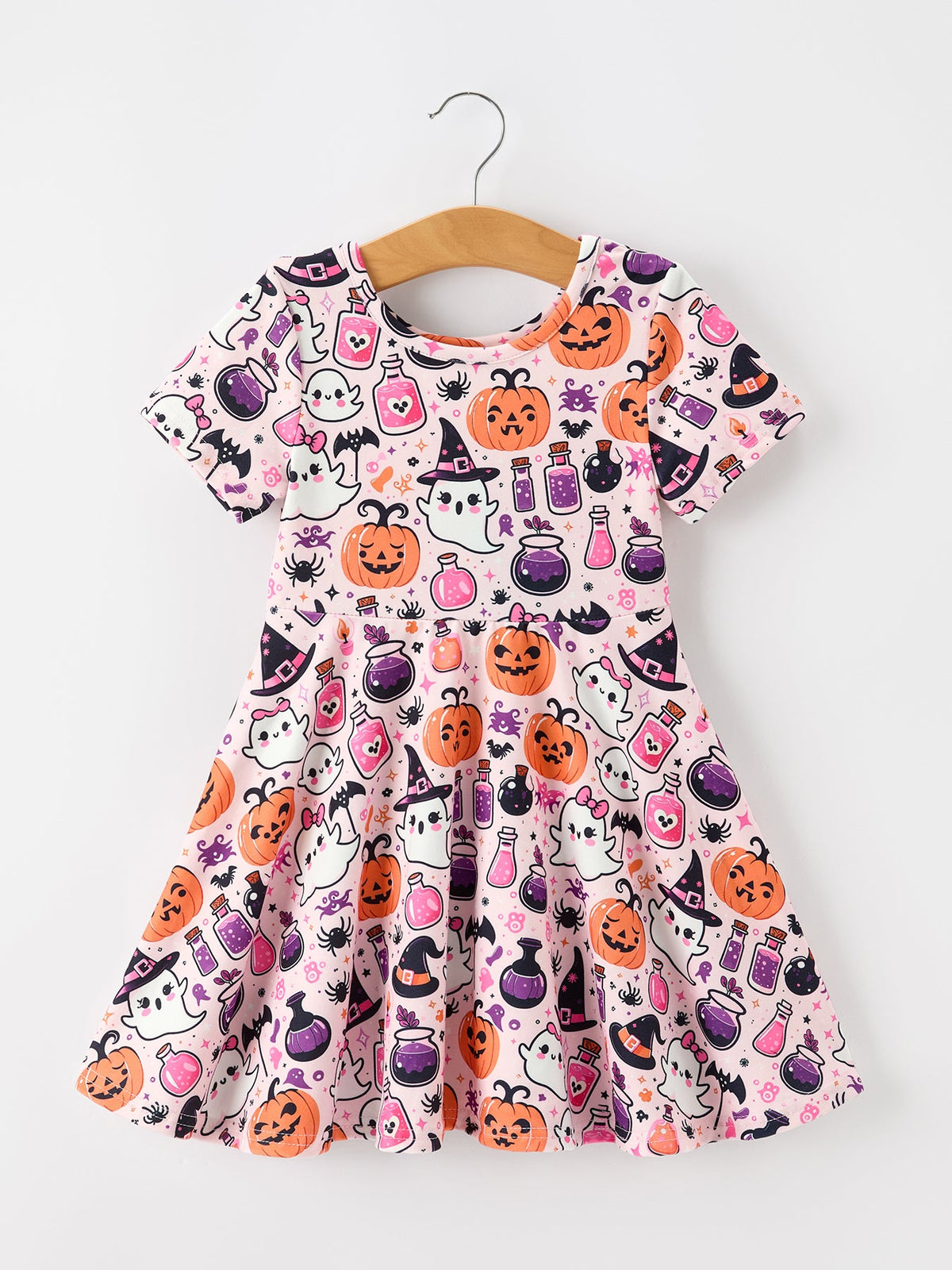 Rylee Faith Designs - Halloween Pumpkin Ghost Print Girls Twirl Dress Short Sleeve