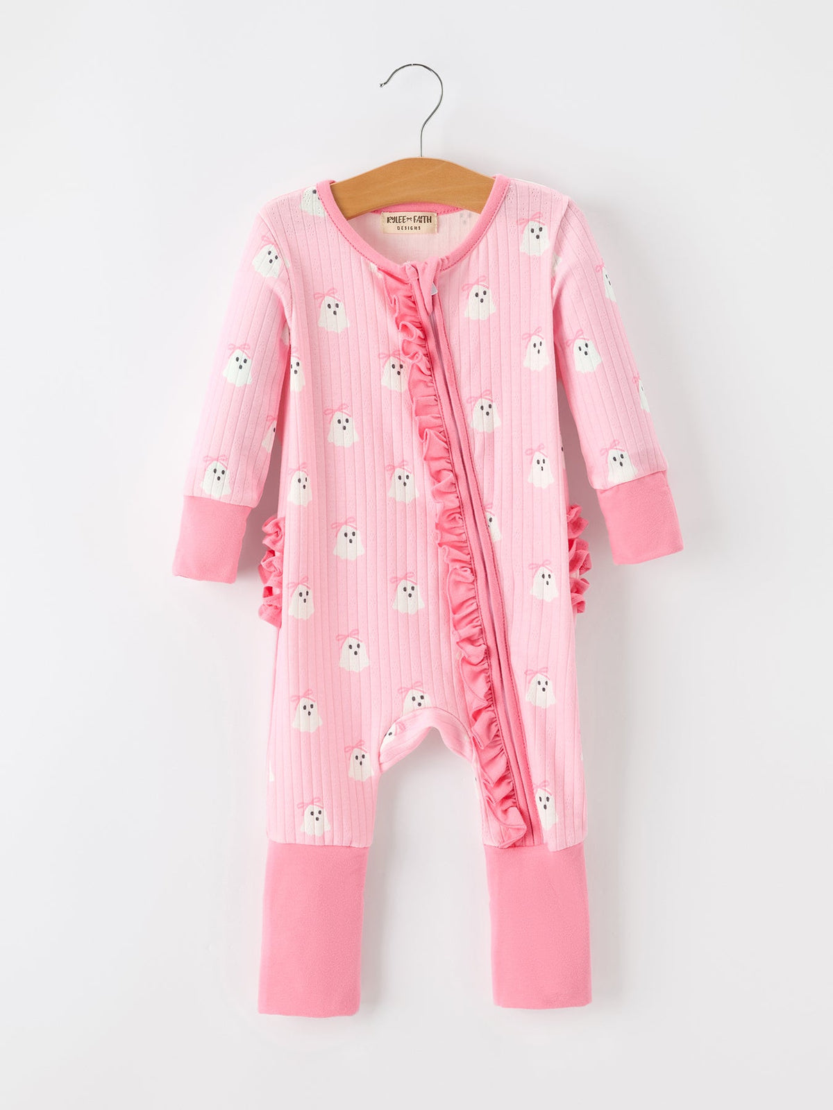 Rylee Faith Designs - Halloween Ghost Baby Girl Pink Pajamas Ruffle Zipper Romper