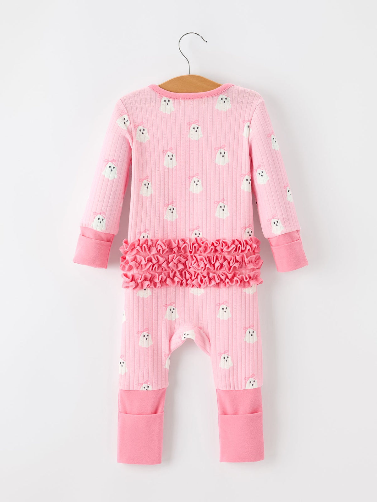 Rylee Faith Designs - Halloween Ghost Baby Girl Pink Pajamas Ruffle Zipper Romper - alternate view 2