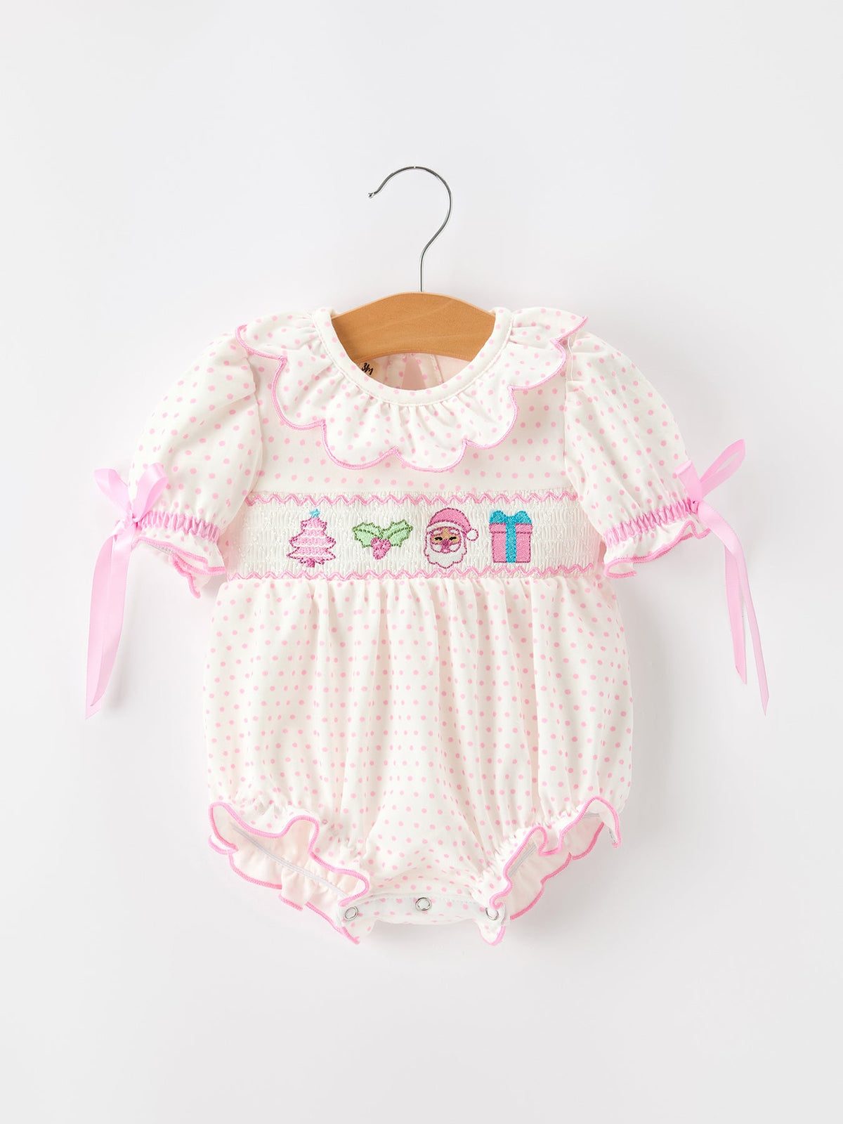 Rylee Faith Designs - Christmas Smocked Baby Girl Bubble Romper Embroidered Ruffle Collar