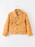 Rylee Faith Designs - Fall Girls Pumpkin Print Bow Denim Jacket