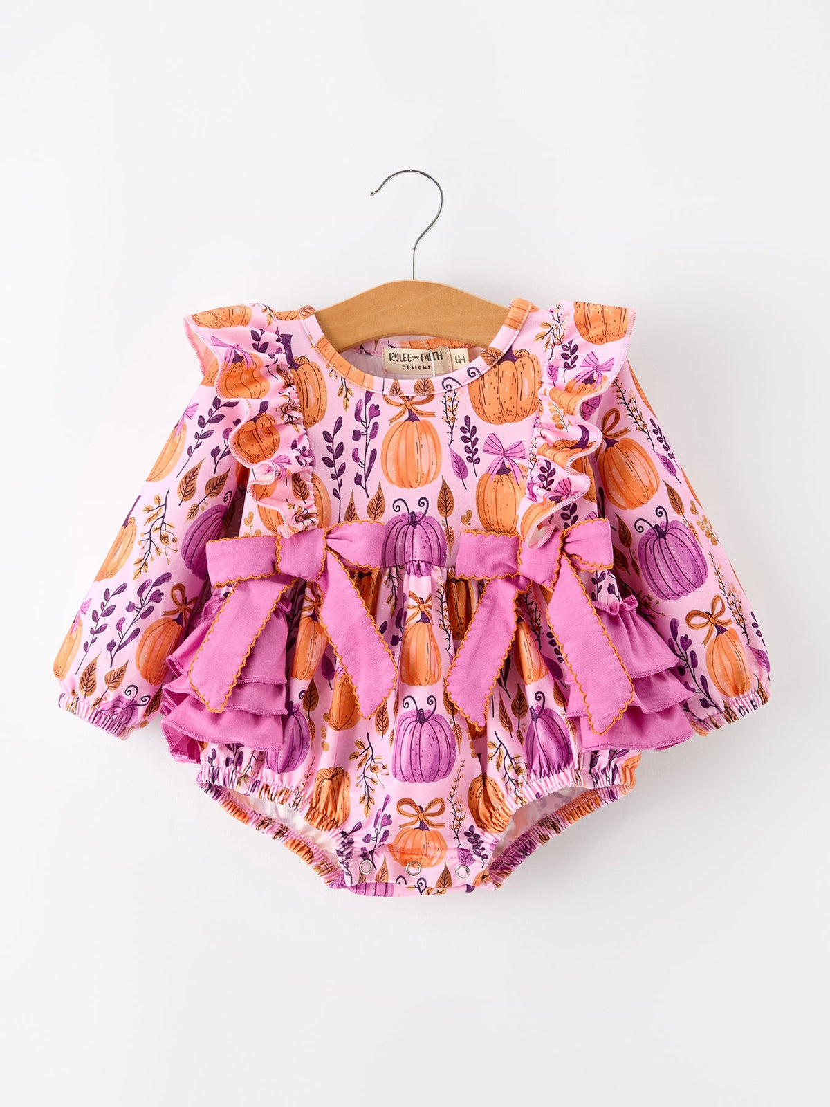 Rylee Faith Designs - Halloween Thanksgiving Pumpkin Girls Romper with Ruffle Bow - alternate view 6