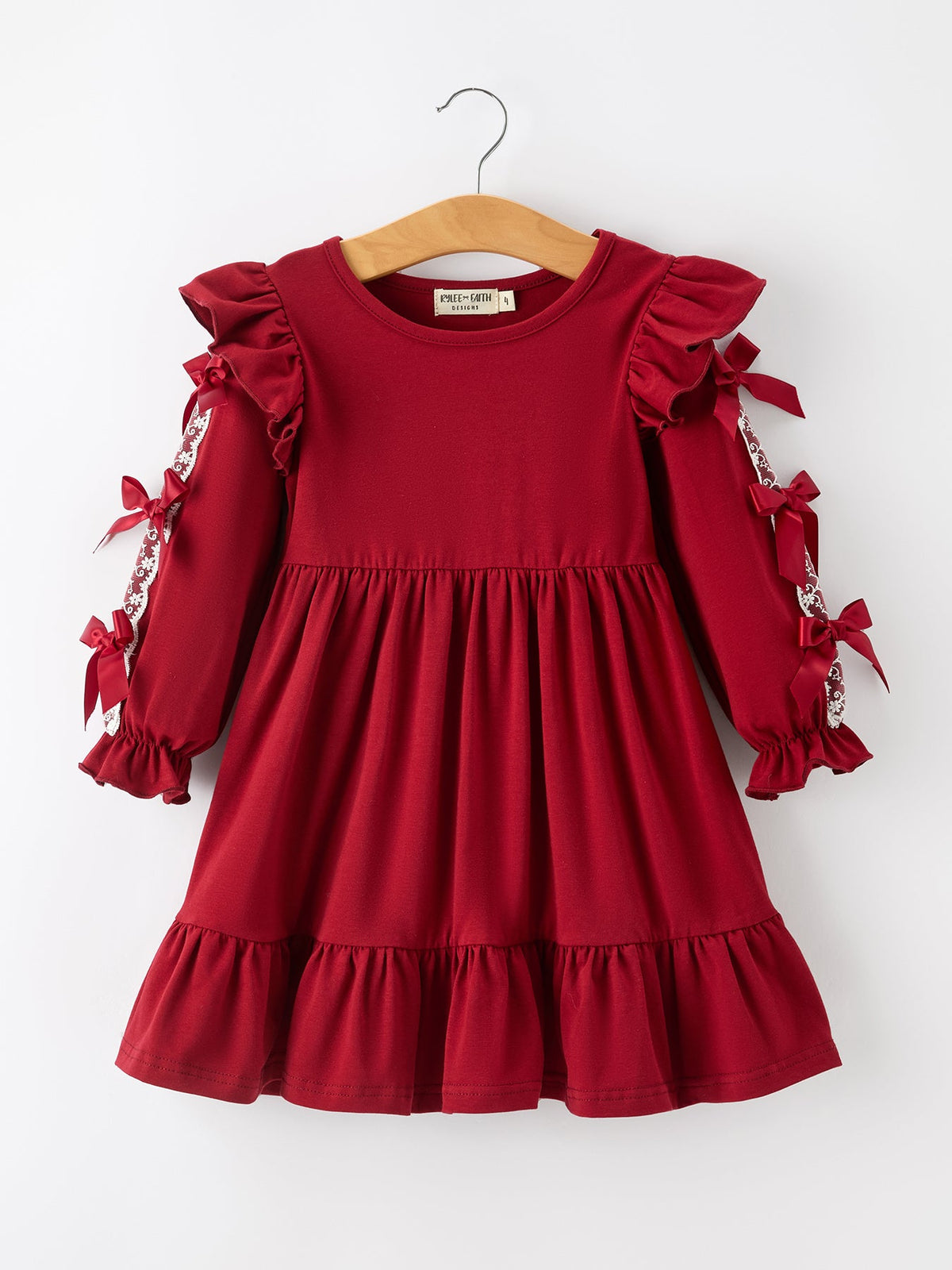 Rylee Faith Designs - Christmas Girls Red Lace Bow Ruffle Dress