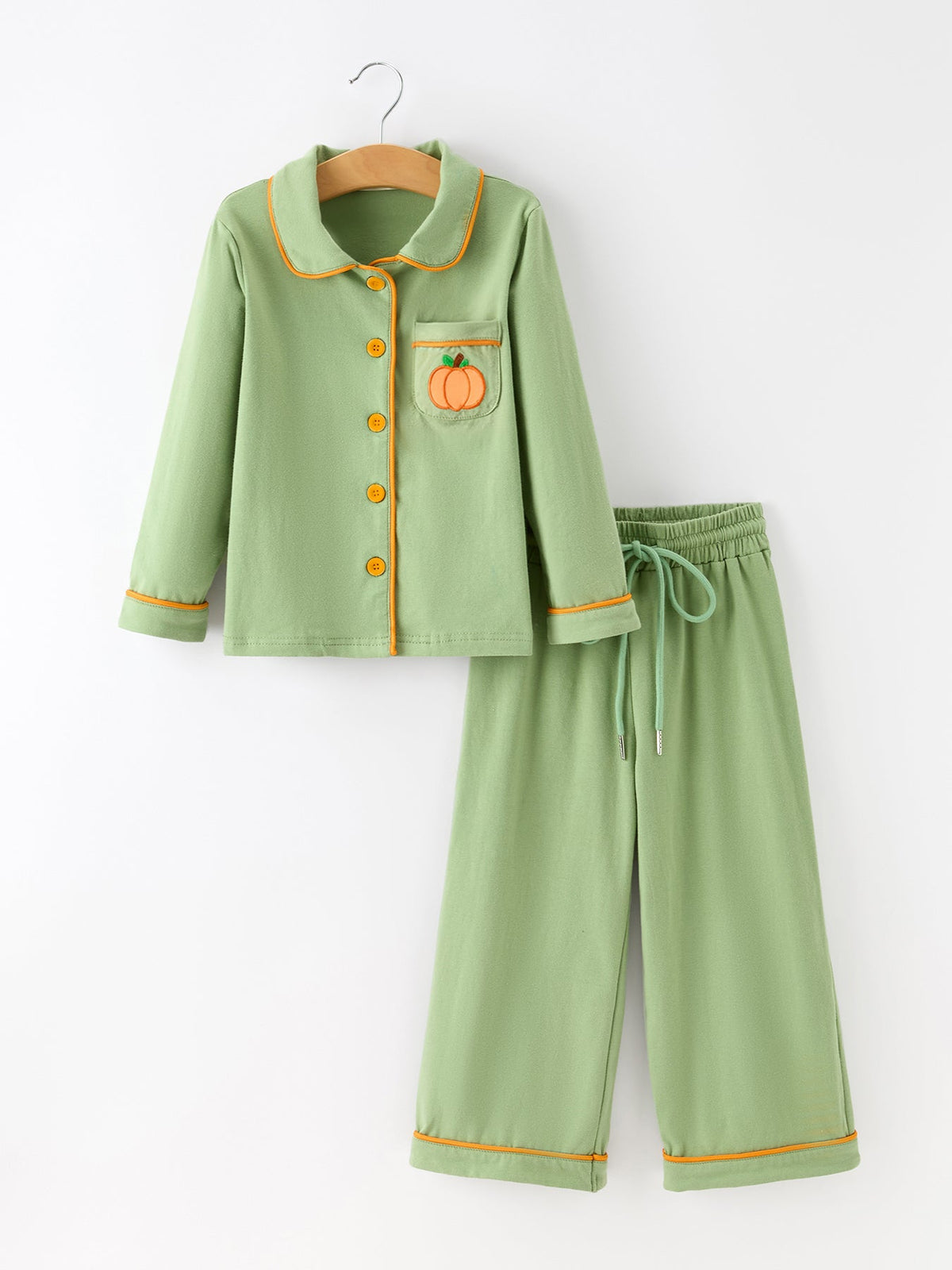 Rylee Faith Designs - Fall Green Kids Pajamas Set Pumpkin Embroidery Button Sleepwear