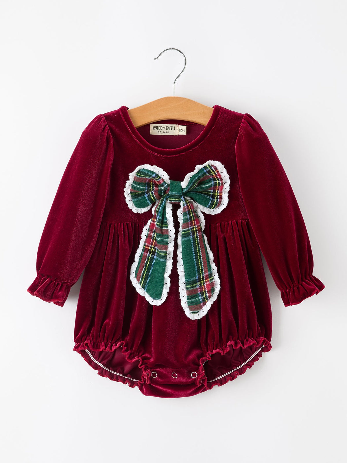 Rylee Faith Designs - Baby Girls Christmas Burgundy Velvet Plaid Bow Romper